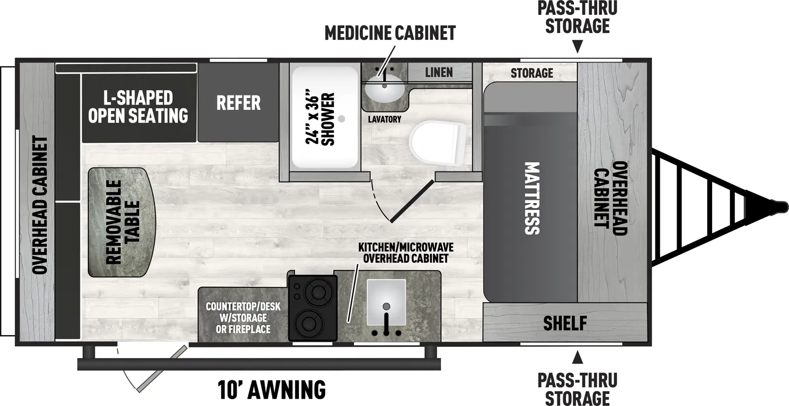 The 18RL has zero slideouts and one entry. Exterior features front pass-through storage, and 10 foot awning. Interior layout front to back: side-facing mattress with overhead cabinet, off-door side storage, and door side shelf; off-door side full bathroom with linen closet and medicine cabinet; door side kitchen counter with sink and cooktop, microwave and overhead cabinet, countertop/desk with storage or fireplace, and entry; off-door side refrigerator, and l-shaped open seating that wraps to the rear with a removable table and overhead cabinet.